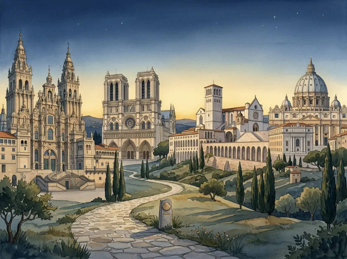 Ilustración de un camino de peregrinación que une la Catedral de Santiago de Compostela, Notre-Dame de París, la Basílica de San Francisco de Asís y la Basílica de San Pedro en el Vaticano