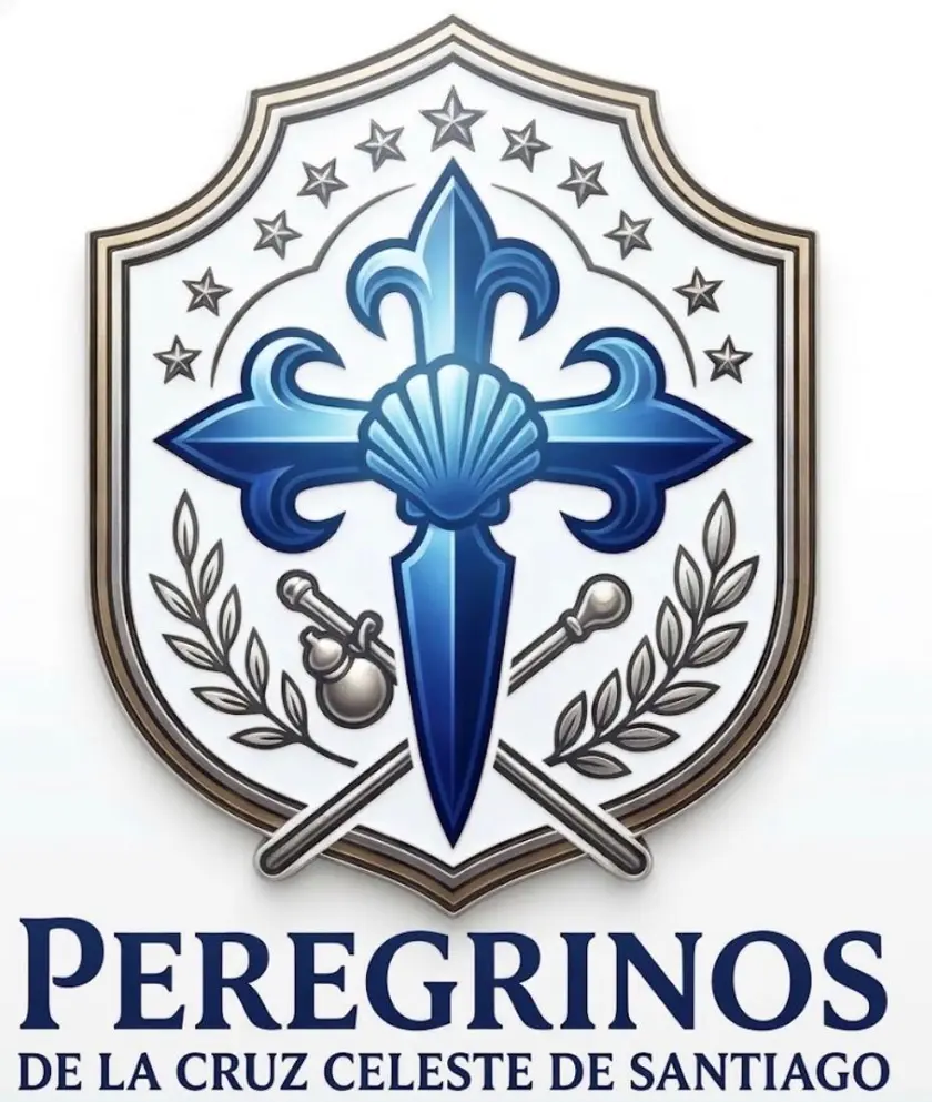 Escudo de Peregrinos de la Cruz Celeste de Santiago: cruz-espada de Santiago con flores de lis y concha, bordones cruzados, ramas de olivo y doce estrellas
