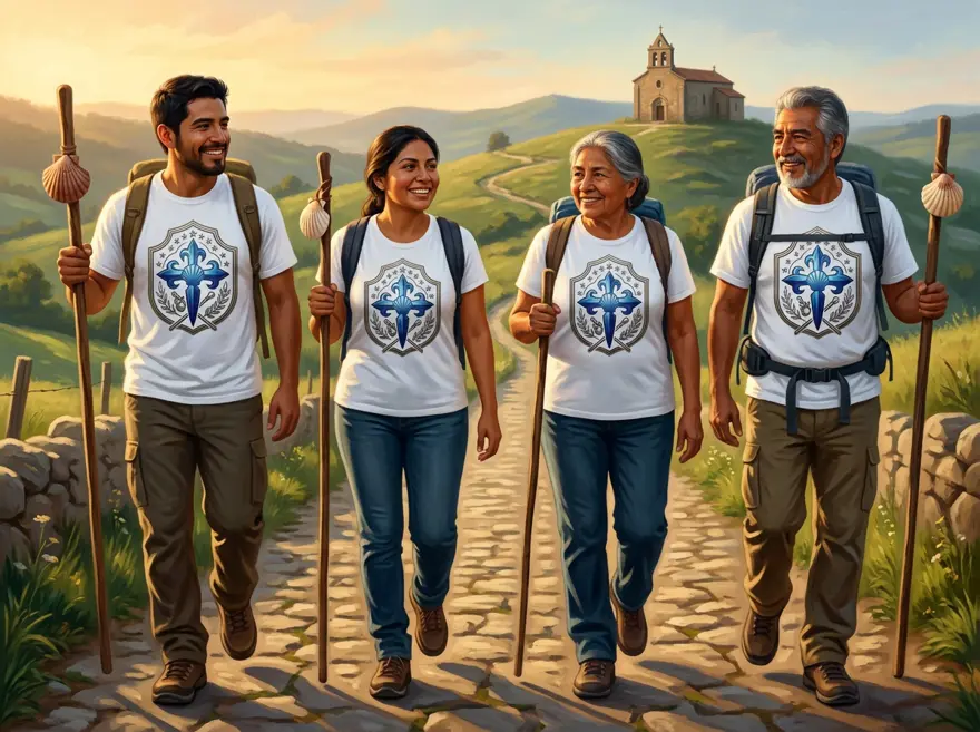 Peregrinos de la comunidad caminando juntos con bordón y concha, vestidos con la playera blanca que lleva el escudo de Peregrinos de la Cruz